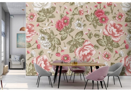 Vintage wallpaper with red, pink, and white flowers.