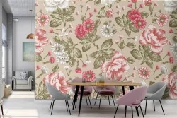 Vintage wallpaper with red, pink, and white flowers.