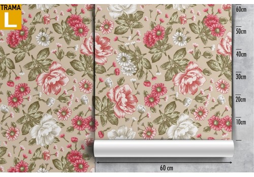 Vintage wallpaper with red, pink, and white flowers. 2