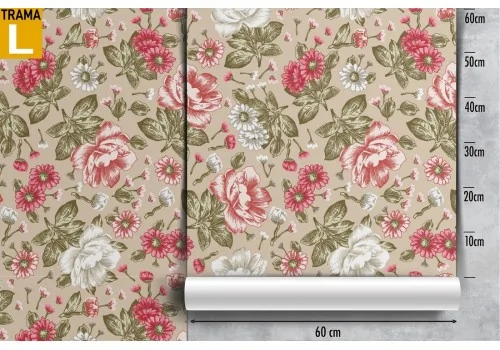 Vintage wallpaper with red, pink, and white flowers. 2