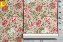 Vintage wallpaper with red, pink, and white flowers.
