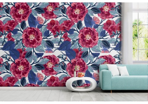 Modern nature wallpaper with red and blue flowers.