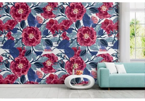 Red and blue flowers modern nature wallpaper.