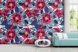 Modern nature wallpaper with red and blue flowers.
