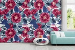 Modern nature wallpaper with red and blue flowers.