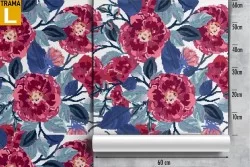 Modern nature wallpaper with red and blue flowers.