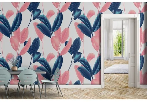 Carta da Parati foglie stilizzate rosa e blu natura moderna.