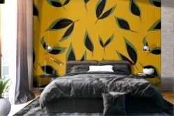 Carta da Parati foglie natura vintage giallo.