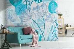 Carta da Parati foglie tropicali natura azzurra.
