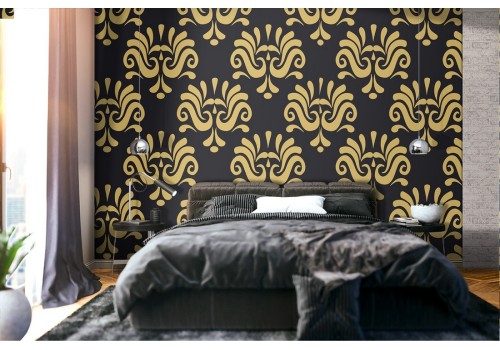 Yellow and black damask wallpaper.