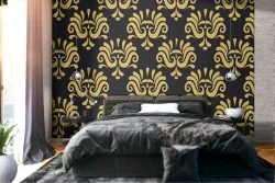 Yellow and black damask wallpaper.
