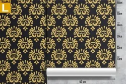Yellow and black damask wallpaper.