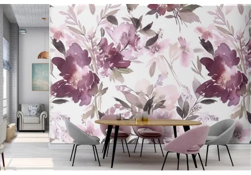 Modern nature wallpaper with purple and pink flowers.