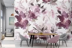 Modern nature wallpaper with purple and pink flowers.