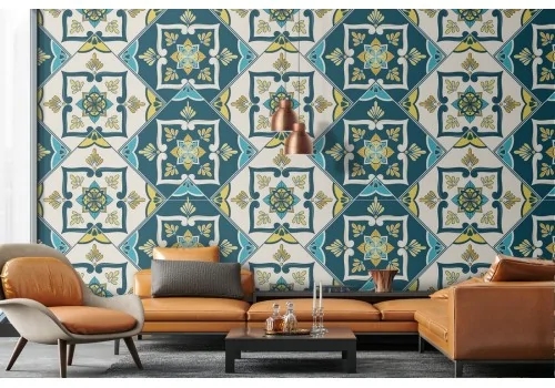 Wallpaper with vintage geometric tile pattern.