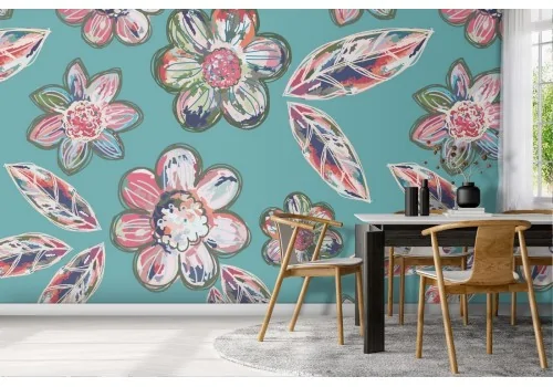 Wallpaper with stylized flowers and leaves modern nature.