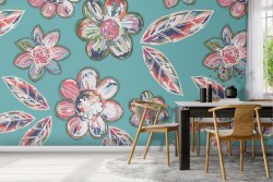 Wallpaper with stylized flowers and leaves modern nature.