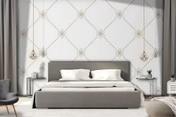 Wallpaper with vintage geometric decoration and stylized flowers.
