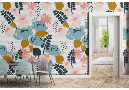 Modern abstract wallpaper with flowers and leaves.