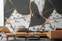 Marble luxury wallpaper in gold, white and black pattern.