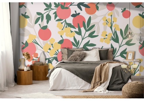 Carta da Parati fiori e frutti natura stilizzata.