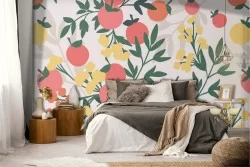 Carta da Parati fiori e frutti natura stilizzata.