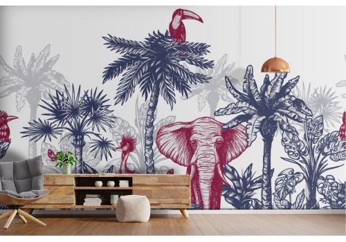 Wallpaper with tropical animals and palm trees landscape