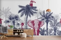 Carta da Parati paesaggio animali tropicali e palme