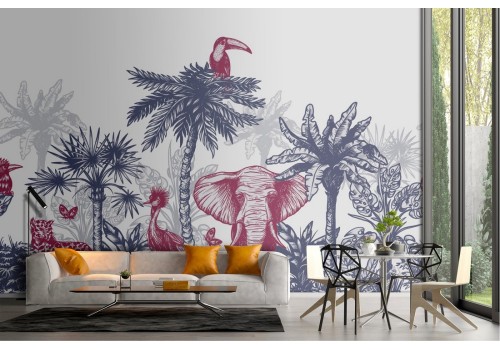 Wallpaper with tropical animals and palm trees landscape 2