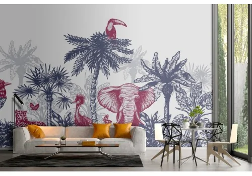 Wallpaper with tropical animals and palm trees landscape 2