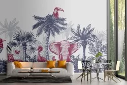 Wallpaper with tropical animals and palm trees landscape
