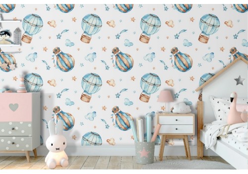 Hot air balloon pattern children's wallpaper in light blue.