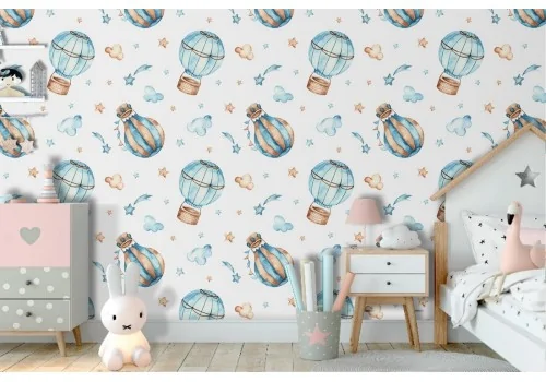 Hot air balloon pattern children's wallpaper in light blue.