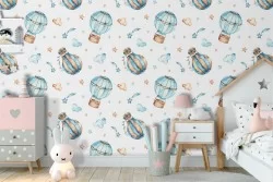 Hot air balloon pattern children's wallpaper in light blue.