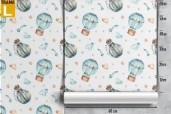 Hot air balloon pattern children's wallpaper in light blue.
