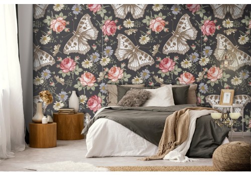 Vintage nature wallpaper with flowers and butterflies.