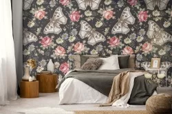 Vintage nature wallpaper with flowers and butterflies.