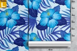 Blue tropical leaves and flowers wallpaper.