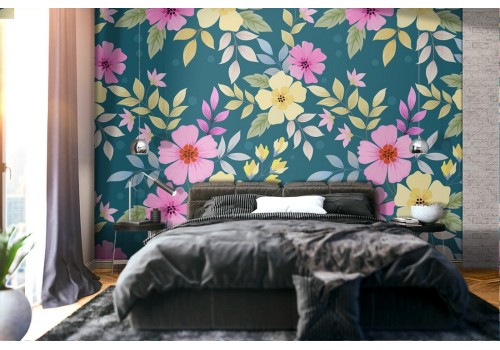 Carta da Parati natura fiori moderna fucsia e gialli.