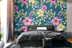 Modern nature wallpaper with fuchsia and yellow flowers.