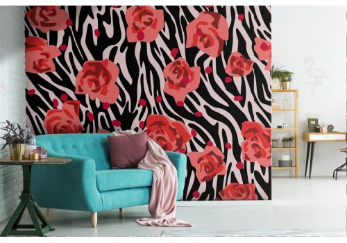 Red roses wallpaper with modern abstract zebra background.