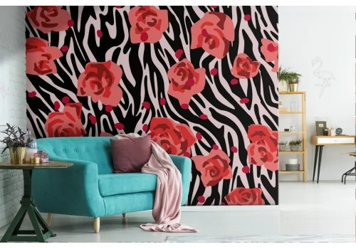 Red roses wallpaper with modern abstract zebra background.