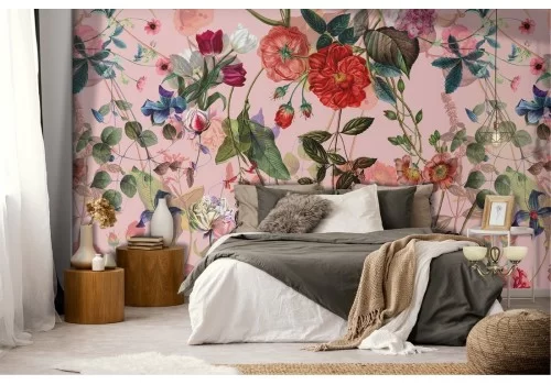 Carta da Parati rose rosse natura vintage pattern.