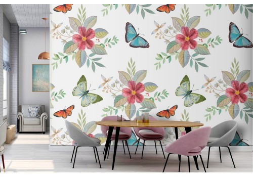 Carta da Parati farfalle e fiori natura vintage.