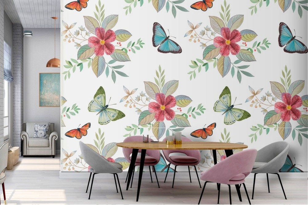 Carta da Parati farfalle e fiori natura vintage.