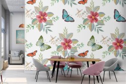 Vintage nature wallpaper with butterflies and flowers.