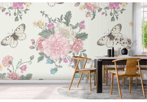 Vintage wallpaper with pink and white flowers.