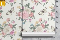 Vintage wallpaper with pink and white flowers.