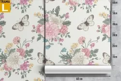 Vintage wallpaper with pink and white flowers.
