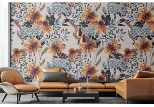 Orange and blue vintage floral wallpaper.